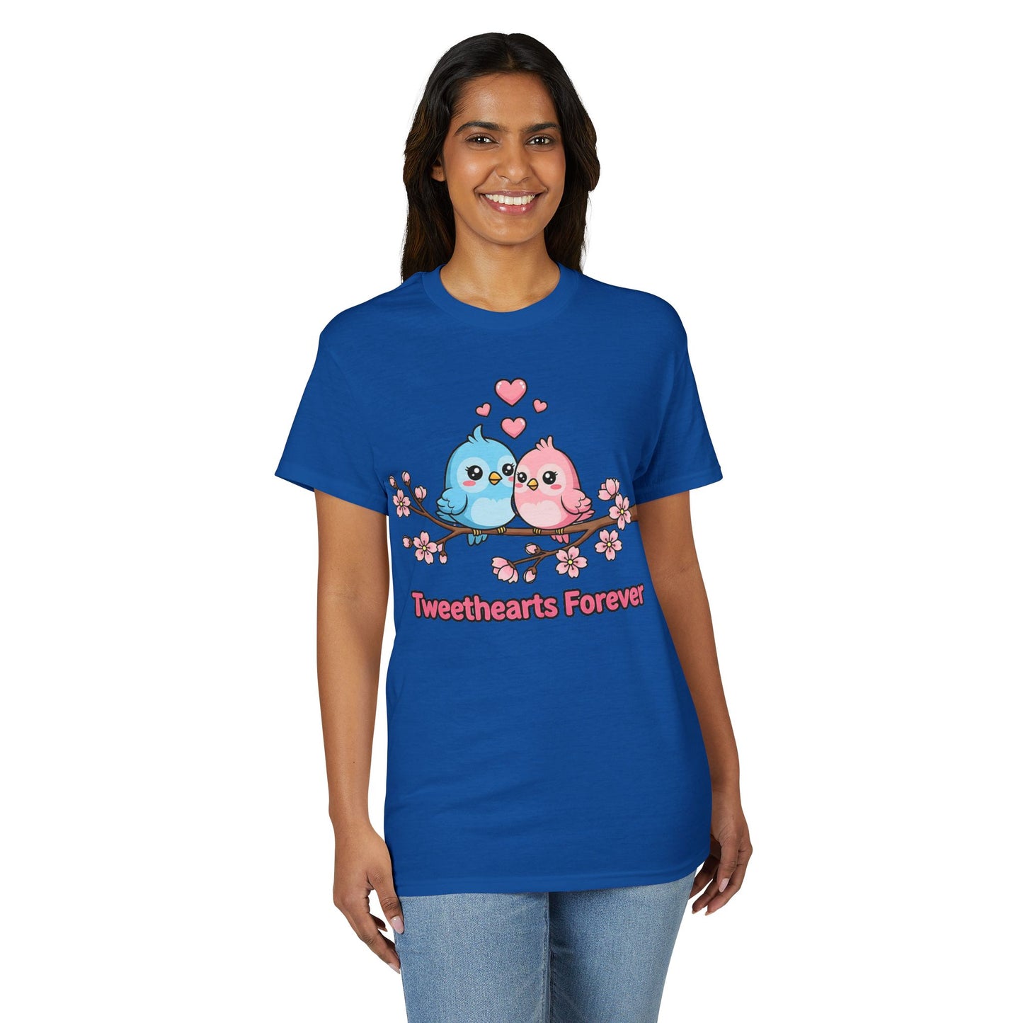 Tweethearts Forever T-Shirt — Cute Blue & Pink Love Birds on Cherry Blossom Branch