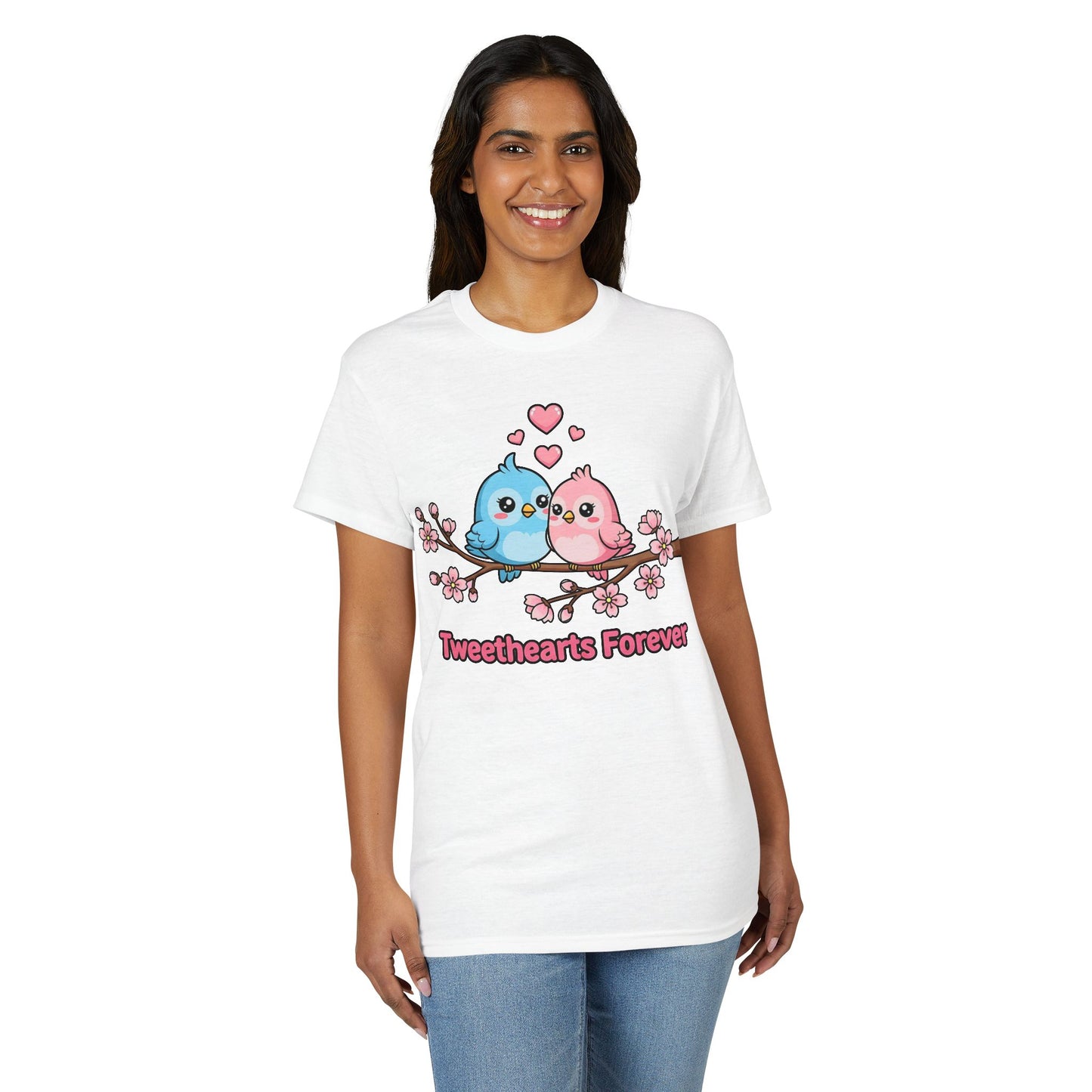 Tweethearts Forever T-Shirt — Cute Blue & Pink Love Birds on Cherry Blossom Branch