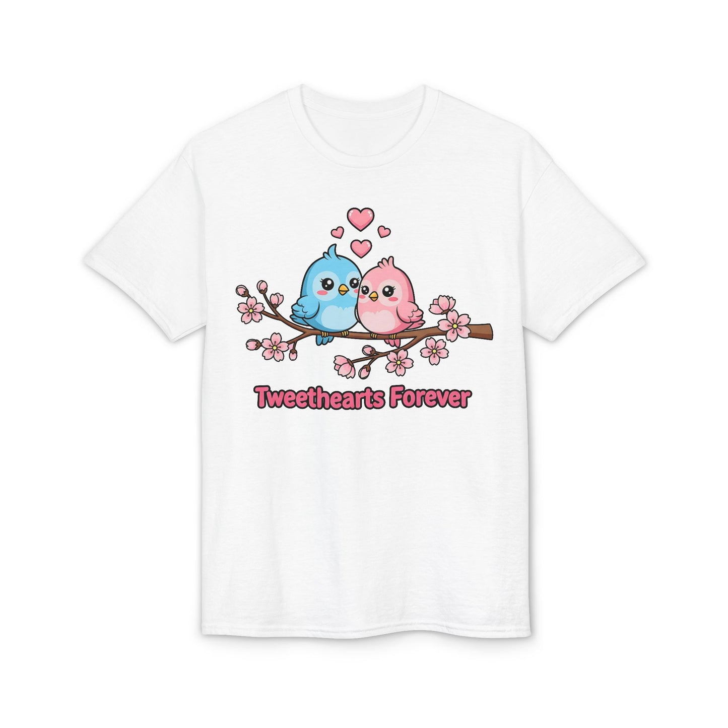 Tweethearts Forever T-Shirt — Cute Blue & Pink Love Birds on Cherry Blossom Branch