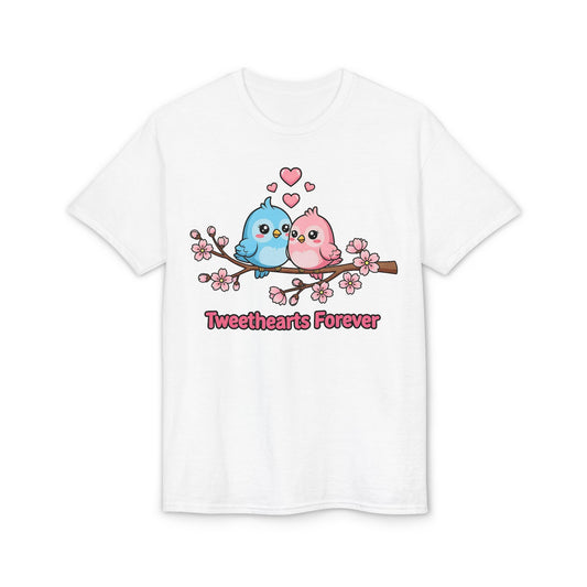 Tweethearts Forever T-Shirt — Cute Blue & Pink Love Birds on Cherry Blossom Branch