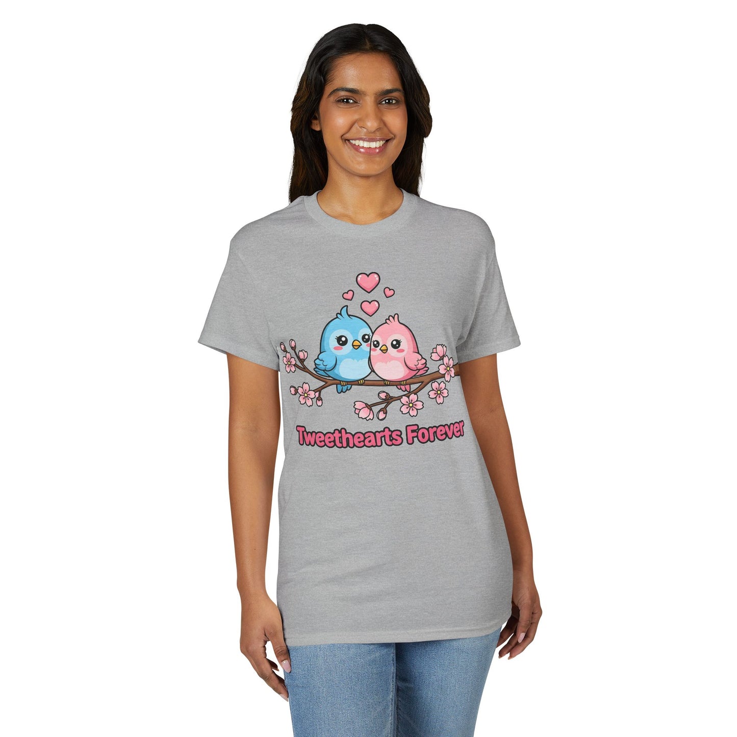 Tweethearts Forever T-Shirt — Cute Blue & Pink Love Birds on Cherry Blossom Branch