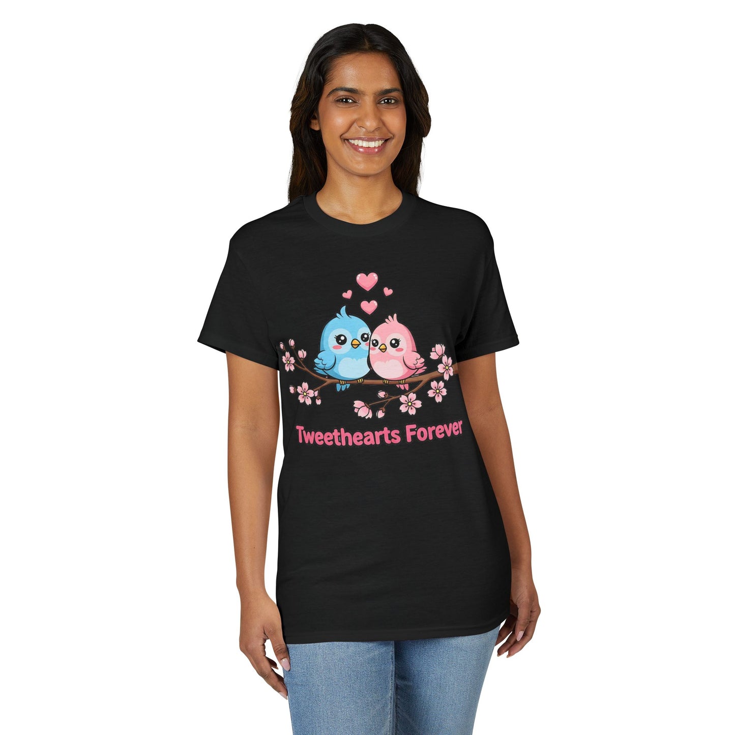 Tweethearts Forever T-Shirt — Cute Blue & Pink Love Birds on Cherry Blossom Branch